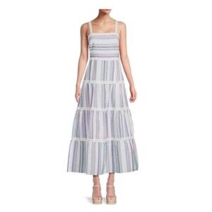 J McLaughlin Cunningham Stripped Linen Maxi Dress Summer Beach Colorful Size 6